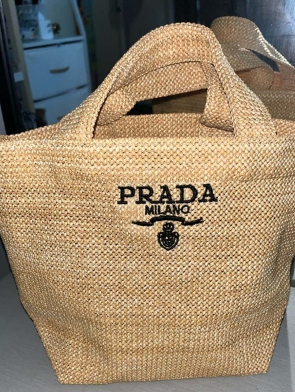 Prada Straw Mini Tote in Natural Beige with Black Logo